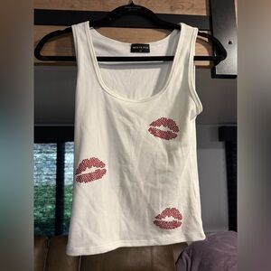 White Fox Boutique White Ribbed Tank with Red Lip Rhinestones